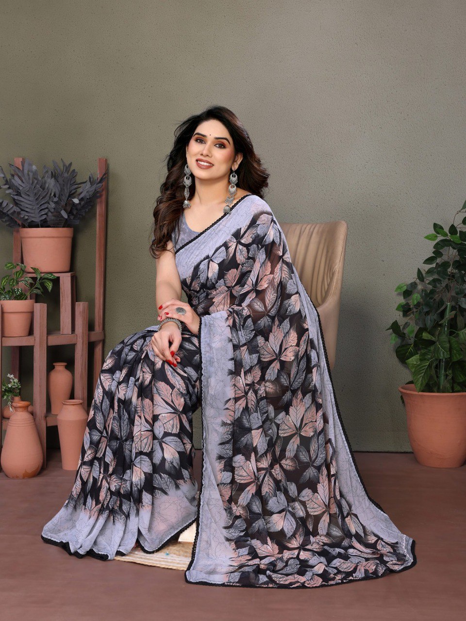 Gray Soft Chiffon Saree With Printed Work And Lace Border