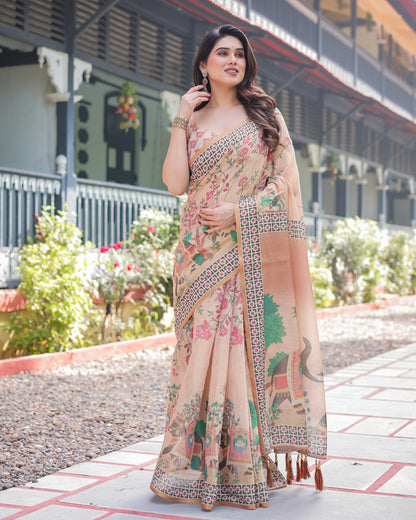 Cream Kalamkari Digital Printed Linen Cotton Saree | Summer Casual & Ethnic Wear – JaipurSaaj