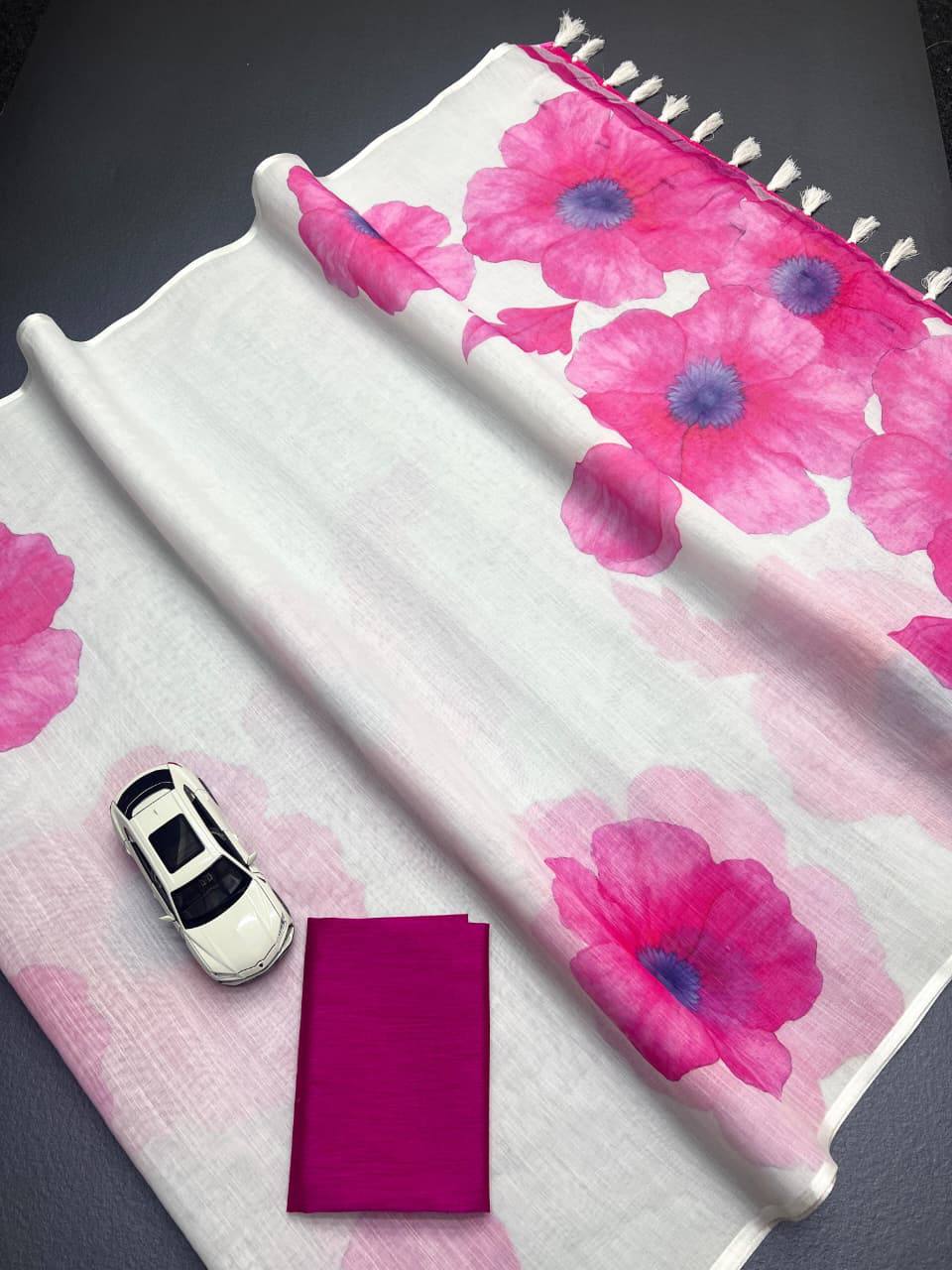 Pink Color Plain Mix Linen Cotton Saree With Digital Printed Work