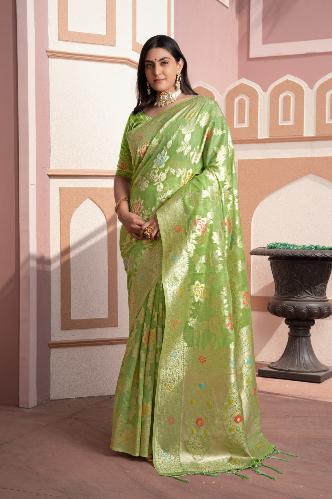 Pista Green Banarasi Cotton Silk Saree With Zari Woven Work