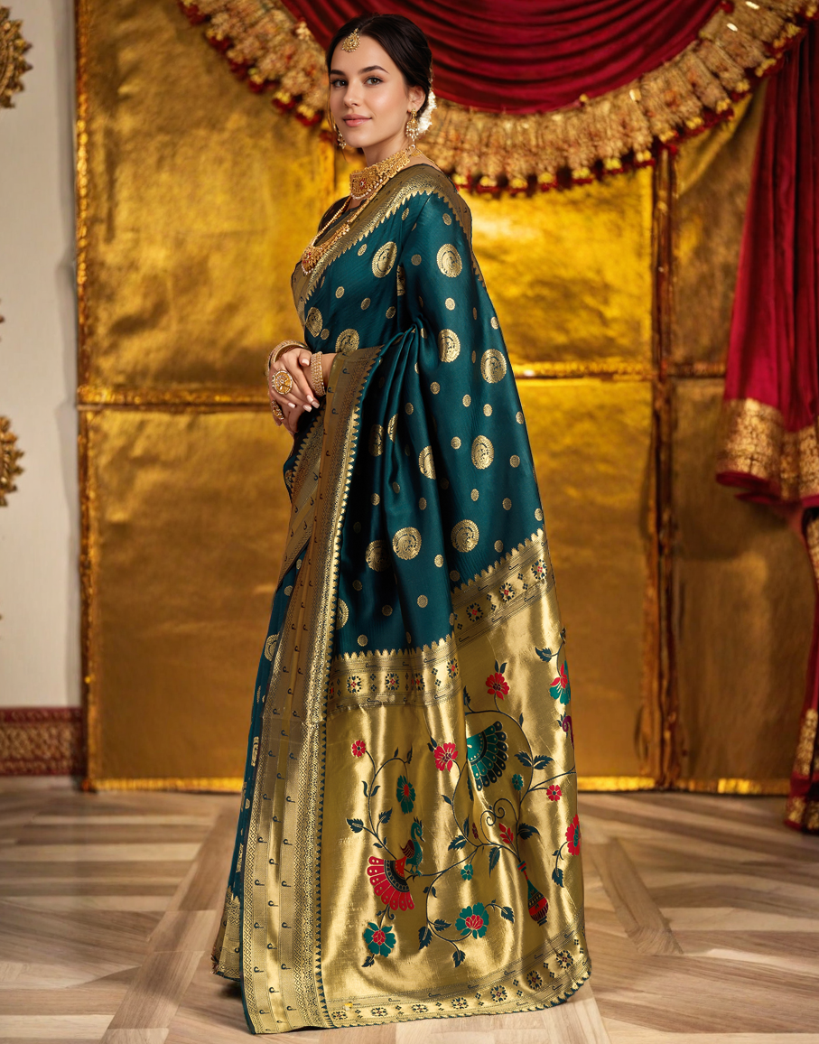 Morpeach Paithani Silk Saree With Zari Weaving Work
