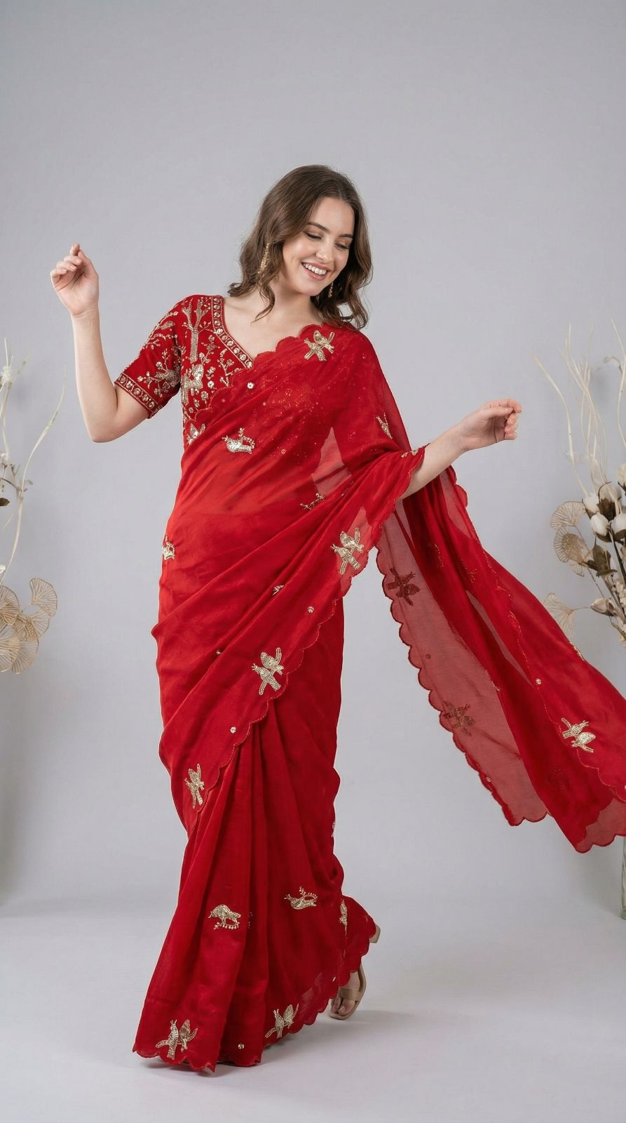 Red Fandy Satin Silk Saree With Heavy Shine Hand Work & Cutwork Border | Wedding & Party Wear - JaipurSaaj