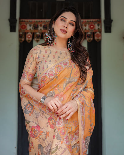 Orange Soft Linen Cotton Saree with Kalamkari Printed Work | Summer Casual & Ethnic Wear – JaipurSaaj
