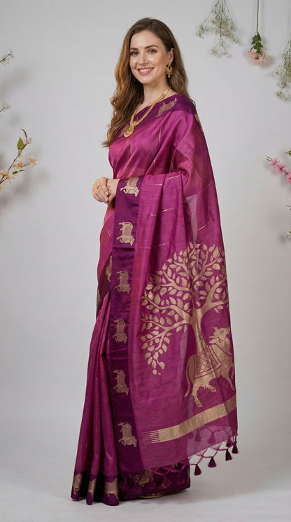 Rani Pink Khadi Raw Silk Saree With Zari Weaving Cow Pallu & Border | Traditional Festive Wear – JaipurSaaj
