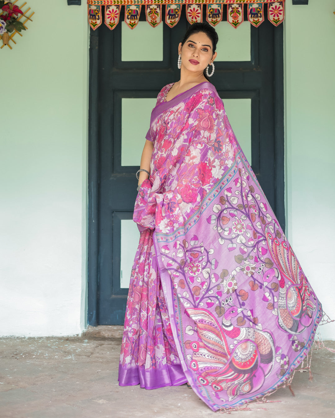 Pink Kalamkari Digital Printed Linen Cotton Saree | Summer Casual & Ethnic Wear – JaipurSaaj