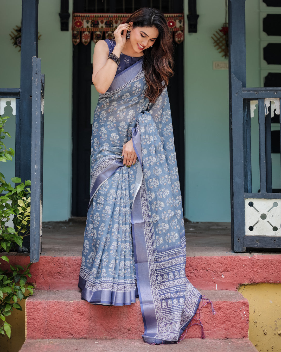 Light Blue Summer Special Digital Printed Linen Cotton Saree