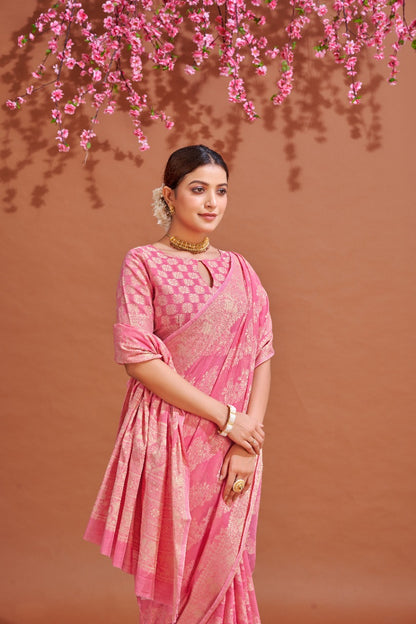Pink Soft Cotton Saree With Lucknowi Work