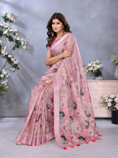 Baby Pink Linen Cotton Saree With Digital Printed Work And Silver Zari Border