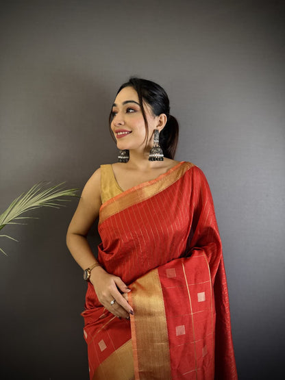 Red Soft Cotton Silk Saree With Zari Weaving Work