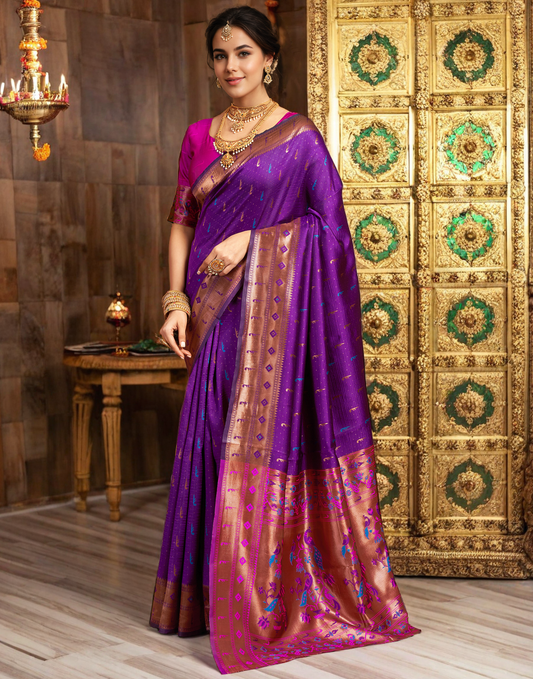 Traditional Purple Paithani Silk Saree With Zari Weaving Work