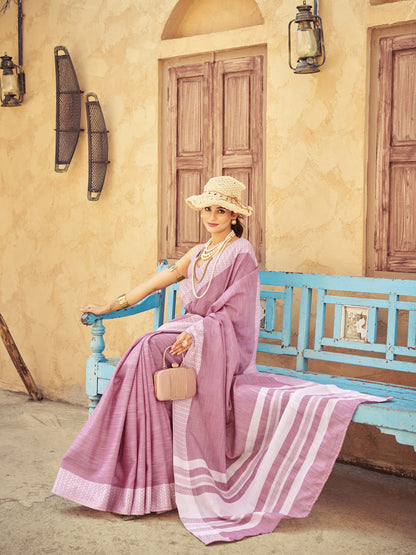 Dusty Pink Soft Linen Cotton Saree With Lakhnavi Work