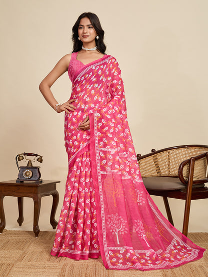 Pink Linen Cotton Saree With Digital Printed Work And Silver Zari Border | Lightweight Office & Daily Wear – JaipurSaaj