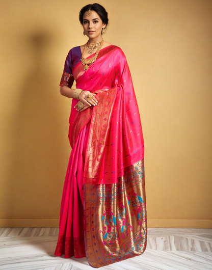Traditional Pink Paithani Silk Saree With Zari Weaving Work