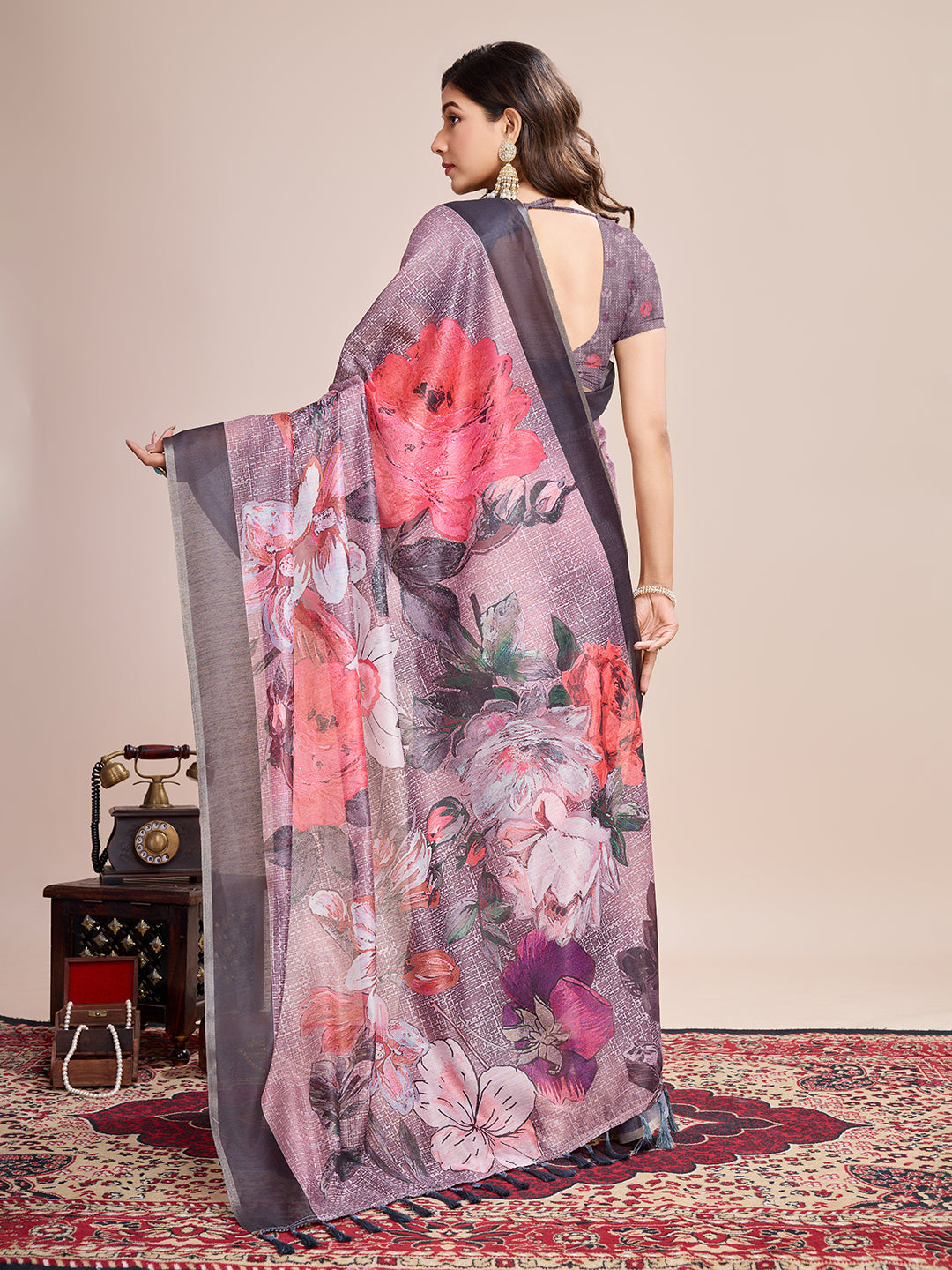 Fancy Multi Soft Linen Cotton Saree With Floral Printed Work