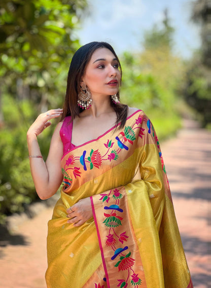 Yellow Soft Tissue Paithani Silk Saree With Zari Weaving Work | Bridal Wedding Wear – JaipurSaaj