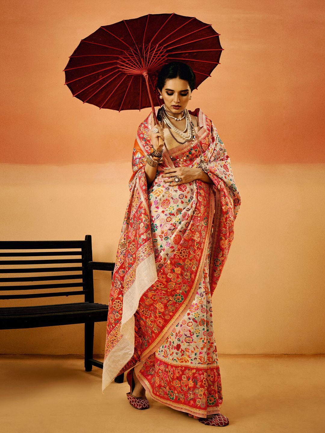 White Pashmina Silk Saree With Traditional Woven Design | Festive & Wedding Wear – JaipurSaaj