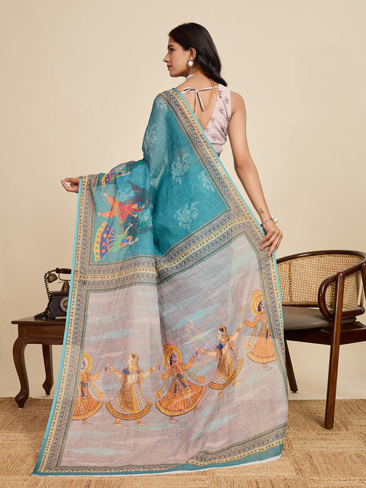 Rama Green Linen Cotton Saree With Digital Printed Work And Silver Zari Border