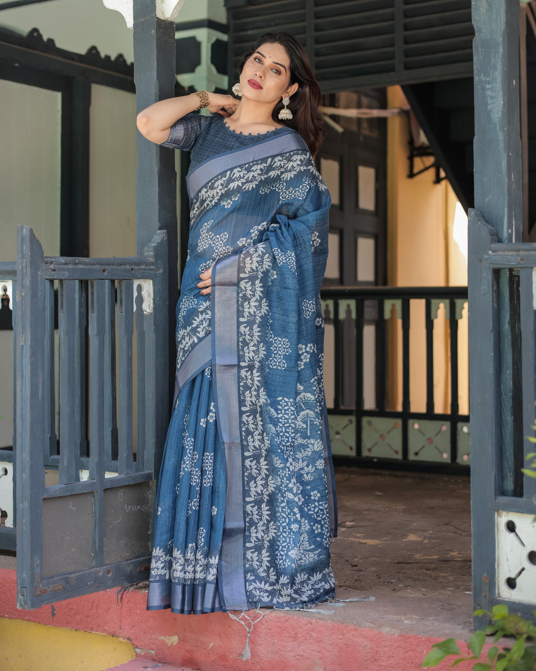Blue Soft Linen Cotton Saree With Digital Printed Work
