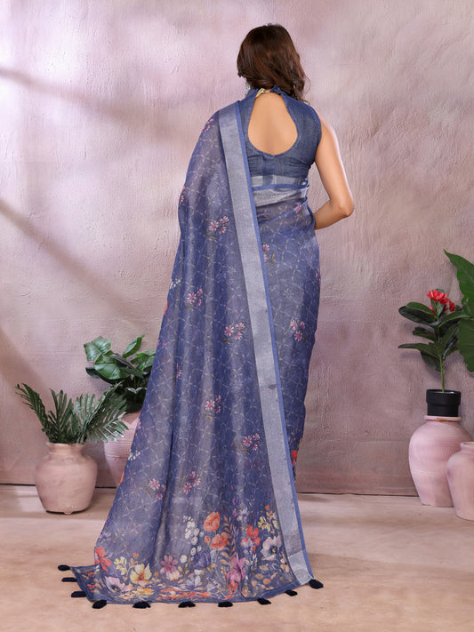 Blue Linen Cotton Saree With Digital Printed Work And Silver Zari Border
