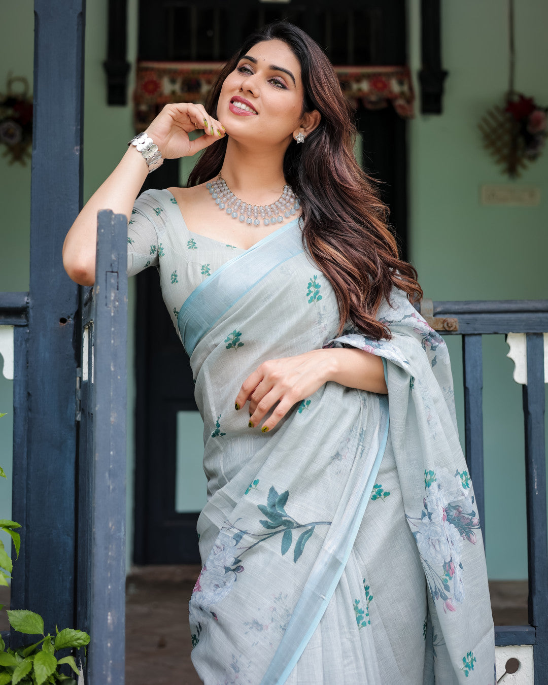 Pastel Green Floral Digital Printed Linen Cotton Saree | Office & Casual Ethnic Wear – JaipurSaaj