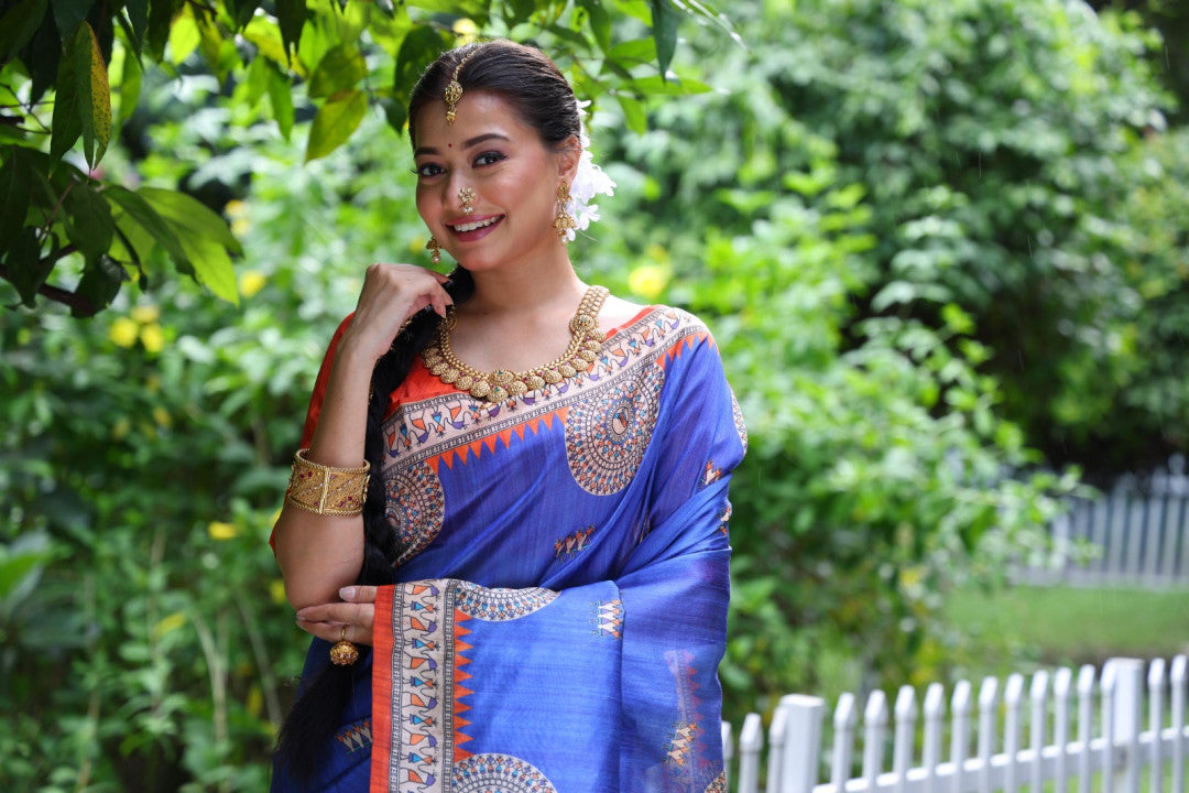 Royal Blue Madhubani Printed Soft Tussar Silk Saree | Traditional Festive Ethnic Wear – JaipurSaaj