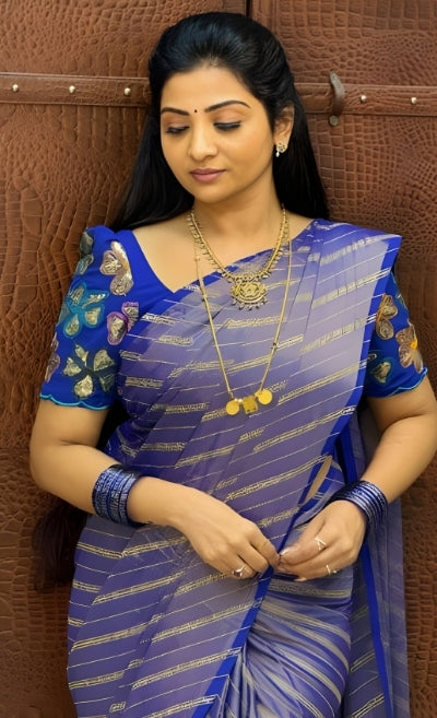 Royal Blue Brasso Silk Saree With Foil Work