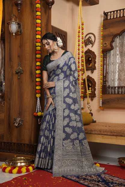 Navy Blue Soft Cotton Saree With Lucknowi Work