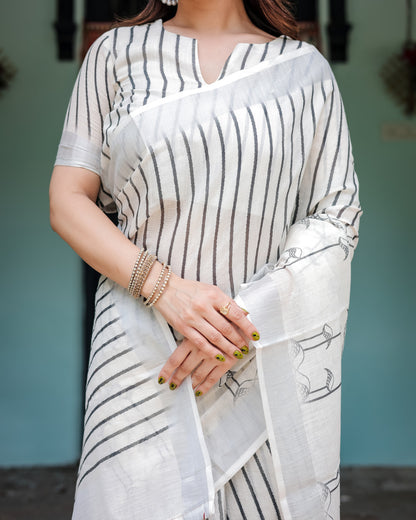 White Summer Special Digital Printed Linen Cotton Saree