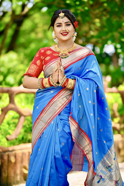 Sky Blue Paithani Silk Saree With Zari Weaving Work | Bridal Wedding Wear – JaipurSaaj