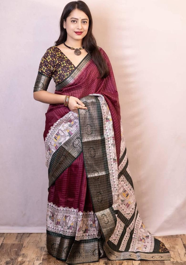 Maroon Dola Silk Saree With Beautiful Madhubani Printed Pallu Work