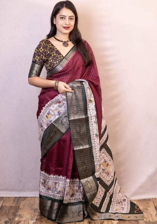 Maroon Dola Silk Saree With Beautiful Madhubani Printed Pallu Work