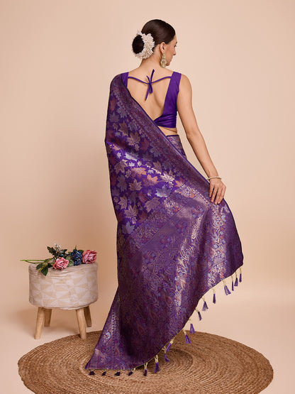 Golden & Copper Zari Weaving With Purple Soft Silk Banarasi Saree | Party & Wedding Wear - JaipurSaaj