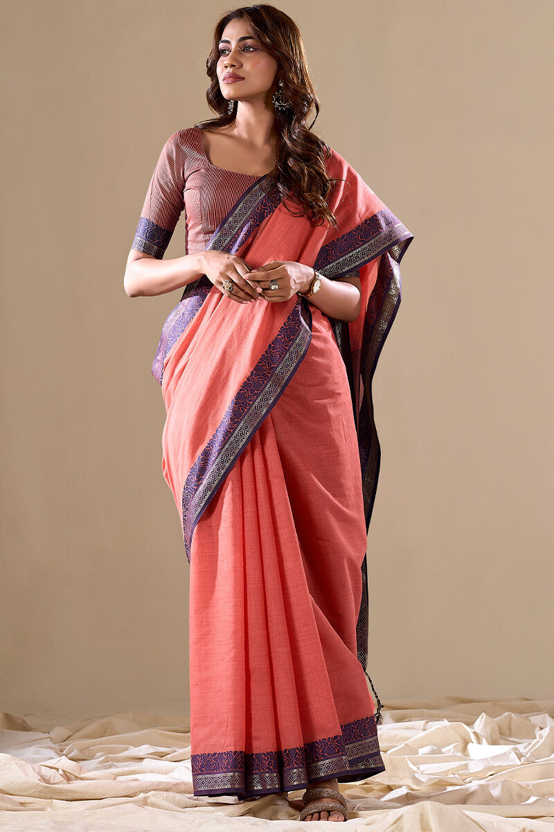 Peach Linen Cotton Saree With Weaving Work