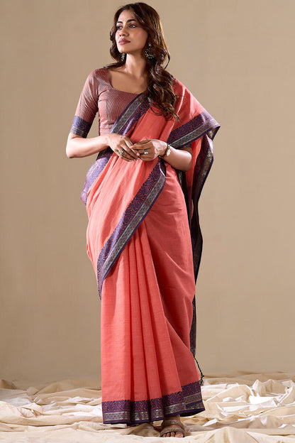 Peach Linen Cotton Saree With Weaving Work