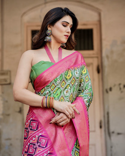 Green Digital Printed Tussar Silk Saree With Zari Motif Border | Designer Festive Ethnic Wear – JaipurSaaj