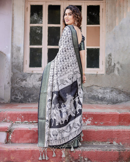 Black Digital Printed Tussar Silk Saree With Zari Motif Border | Traditional Festive Ethnic Wear – JaipurSaaj
