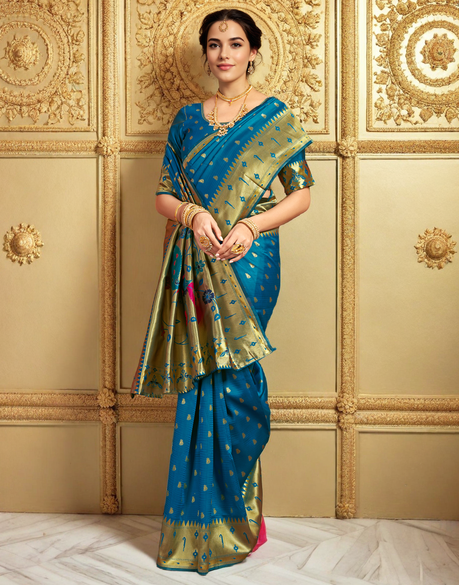 Traditional Firoji Paithani Silk Saree With Zari Weaving Work
