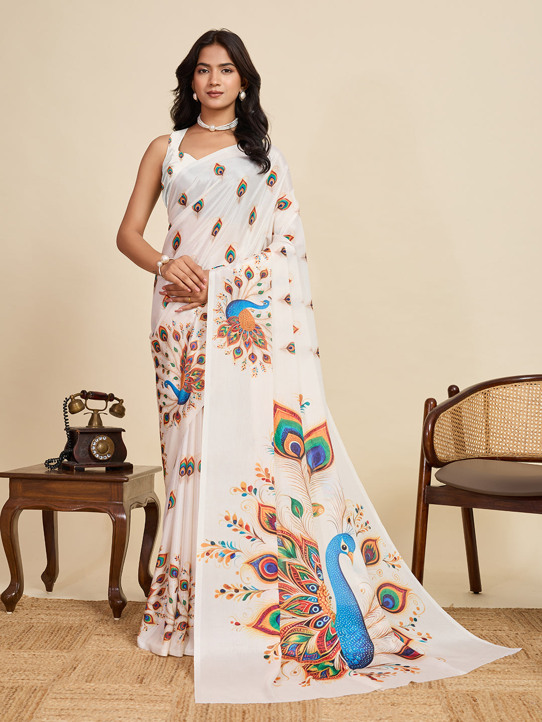 White Soft Chinnon Silk Saree With Digital Printed Work