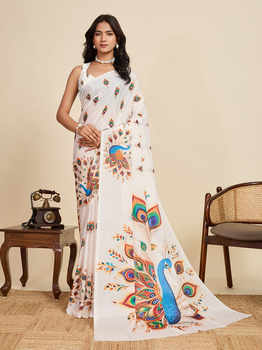 White Soft Chinnon Silk Saree With Digital Printed Work
