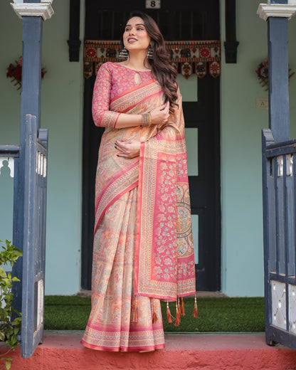 Multi Soft Linen Cotton Saree With Kalamkari Printed Work