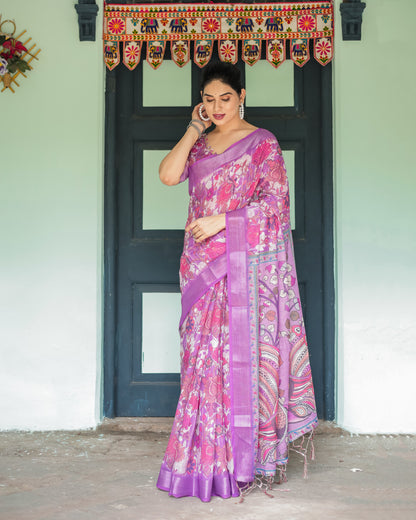 Pink Kalamkari Digital Printed Linen Cotton Saree | Summer Casual & Ethnic Wear – JaipurSaaj