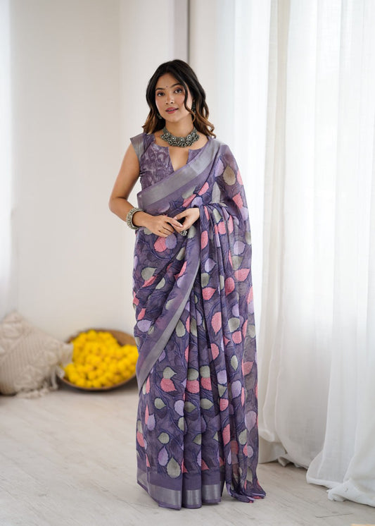Lavender Color Linen Cotton Saree With Flower Digital Printed Work