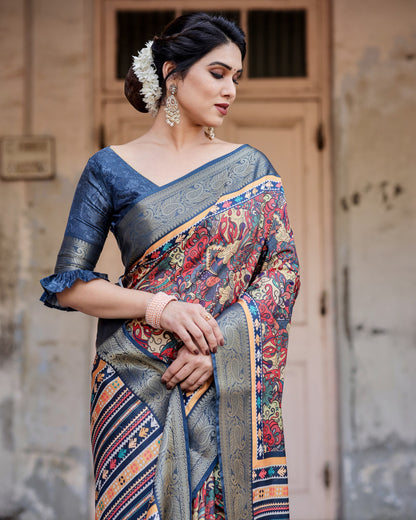 Mult Color Tussar Silk Saree With Digital Kalamkari Print & Zari Motif Border | Casual & Festive Wear – JaipurSaaj