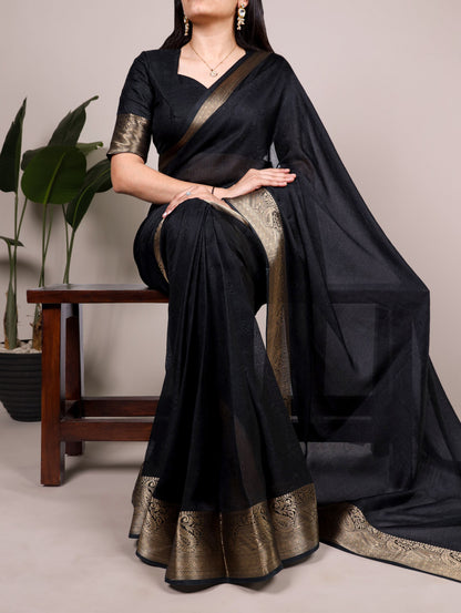 Black Moss Mello Silk Saree with Printed Work & Zari Weaving Border | Casual & Office Wear – JaipurSaaj