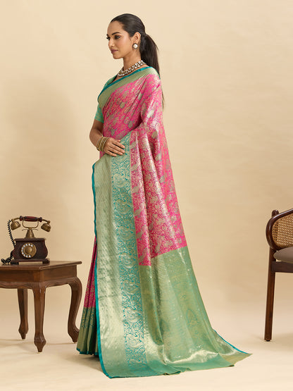 Pink Kanjivaram Silk Saree with Zari Weaving Work & Big Border | Bridal Wedding Wear – JaipurSaaj