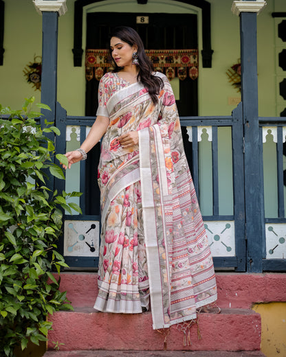 Multi Color Digital Printed Linen Cotton Saree | Summer Special Casual & Office Wear – JaipurSaaj