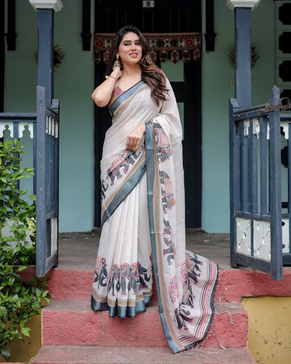 Off White Floral Digital Printed Linen Cotton Saree