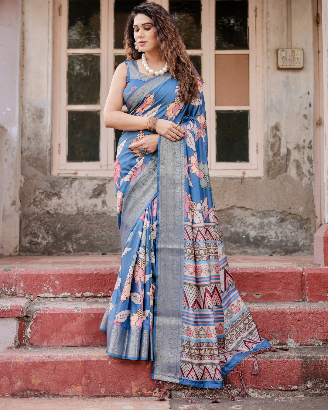 Blue Tussar Silk Saree With Digital Kalamkari Print & Zari Motif Border | Casual & Festive Wear – JaipurSaaj