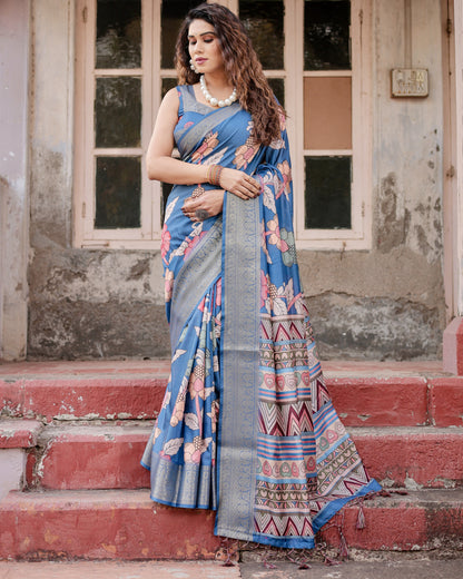 Blue Tussar Silk Saree With Digital Kalamkari Print & Zari Motif Border | Casual & Festive Wear – JaipurSaaj