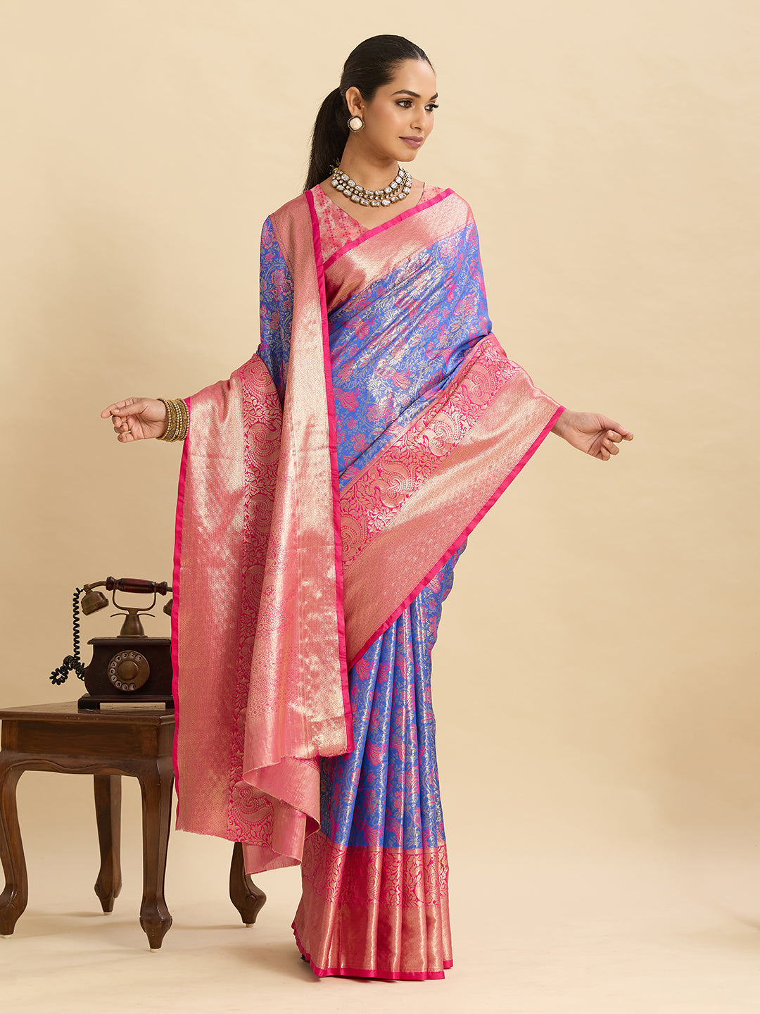 Blue Kanjivaram Silk Saree with Zari Weaving Work & Big Border | Bridal Wedding Wear – JaipurSaaj